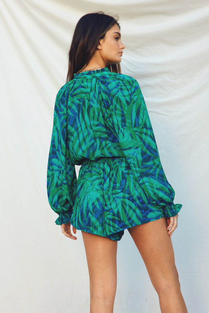 Raven Tropical Print Long Sleeve Romper