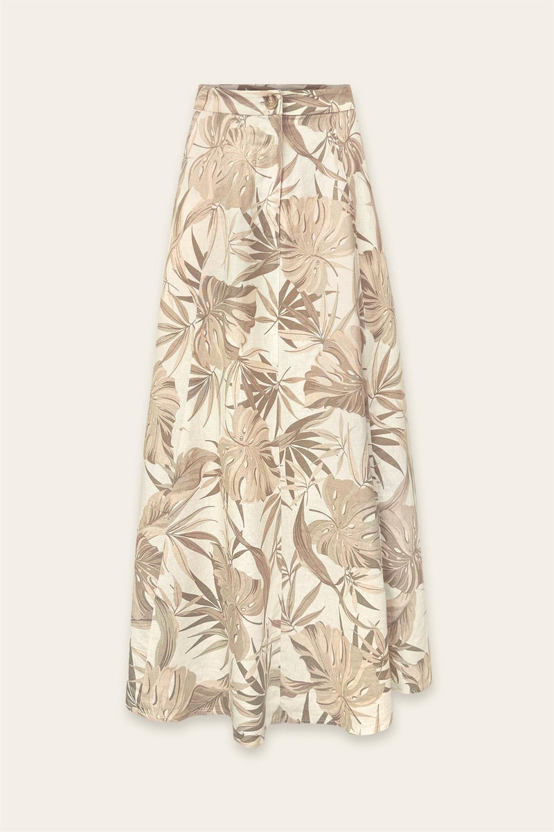 Fernanda Linen A-Line Maxi Skirt - Khaki Print