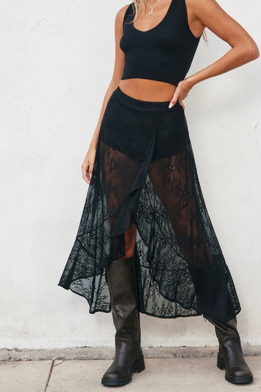 Hannah Lace Surplice Ruffle Maxi Skirt (Boyshorts Lining) - Black