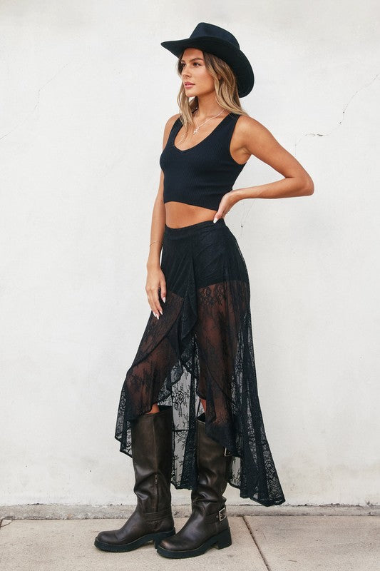 Hannah Lace Surplice Ruffle Maxi Skirt (Boyshorts Lining) - Black