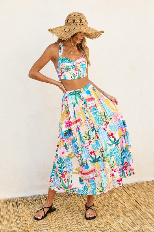 Ximena Summer Vibes Print Halter Top & Midi Skirt Set