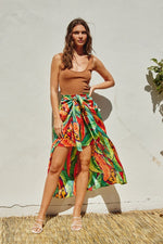 Sonja Satin Tropical Print Tie Front Midi Skirt