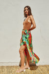 Sonja Satin Tropical Print Tie Front Midi Skirt