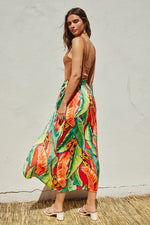 Sonja Satin Tropical Print Tie Front Midi Skirt