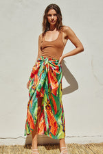 Sonja Satin Tropical Print Tie Front Midi Skirt