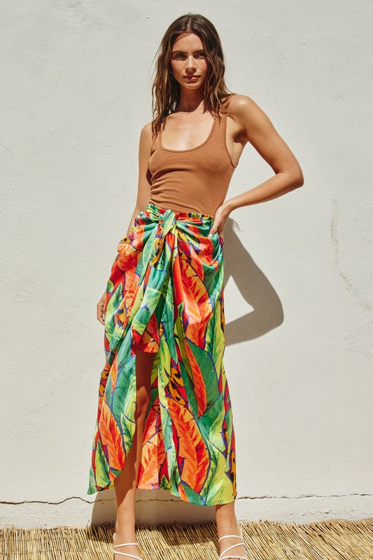 Sonja Satin Tropical Print Tie Front Midi Skirt