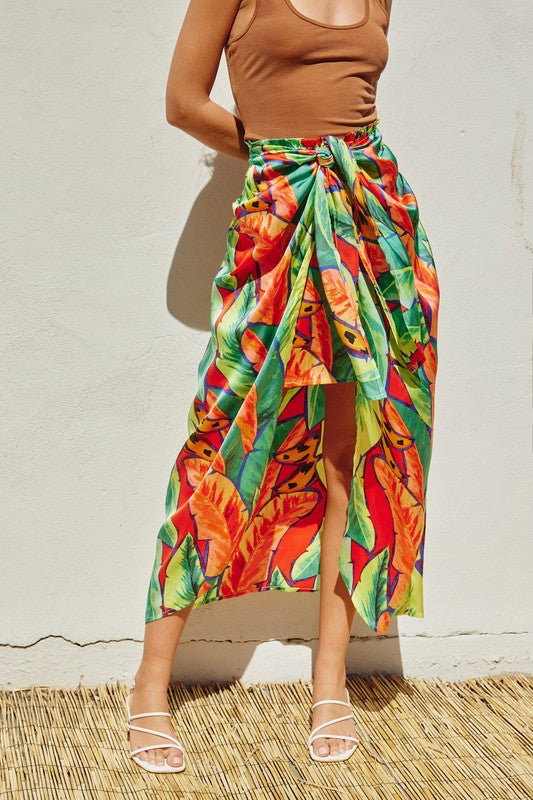 Sonja Satin Tropical Print Tie Front Midi Skirt