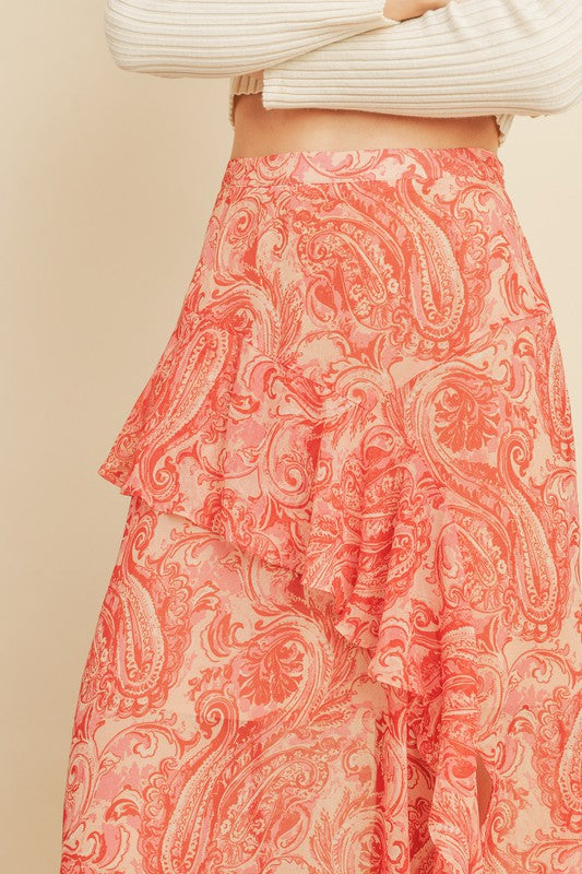 Kinley Paisley Print Ruffled Midi Skirt - Pink/Coral