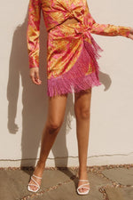 Madona Paisley Print Fringe Side Tie Mini Skirt