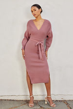 Brigitte Ribbed Long Sleeve Belted Sweater Midi Dress - Rose