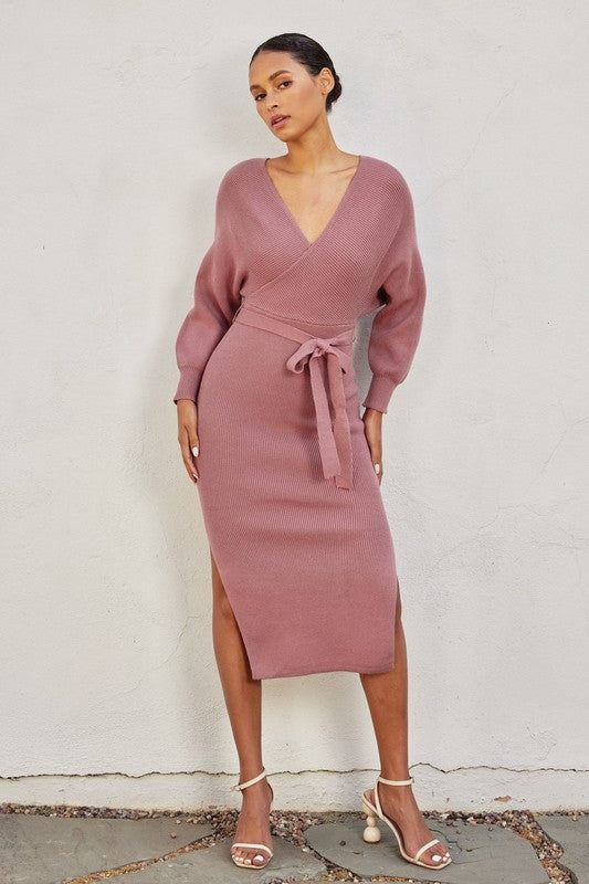 Brigitte Ribbed Long Sleeve Belted Sweater Midi Dress
