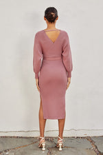 Brigitte Ribbed Long Sleeve Belted Sweater Midi Dress - Rose