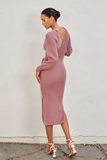 Brigitte Ribbed Long Sleeve Belted Sweater Midi Dress - Rose