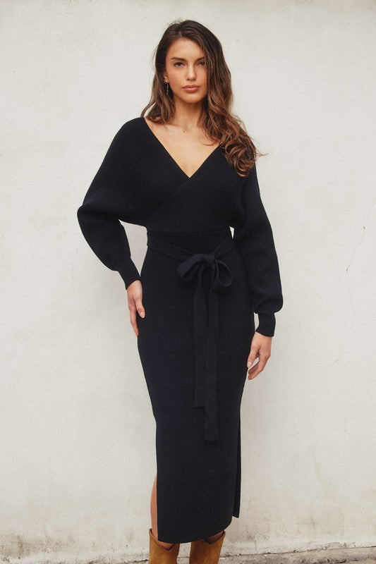 Brigitte Ribbed Long Sleeve Belted Sweater Midi Dress - Black