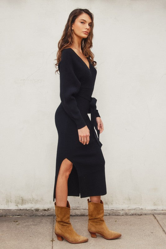 Brigitte Ribbed Long Sleeve Belted Sweater Midi Dress - Black