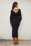 Brigitte Ribbed Long Sleeve Belted Sweater Midi Dress - Black