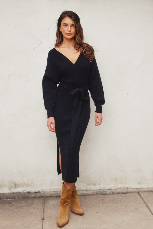 Brigitte Ribbed Long Sleeve Belted Sweater Midi Dress - Black