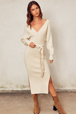 Brigitte Ribbed Long Sleeve Belted Sweater Midi Dress - Cream