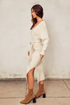 Brigitte Ribbed Long Sleeve Belted Sweater Midi Dress - Cream