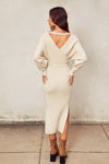 Brigitte Ribbed Long Sleeve Belted Sweater Midi Dress - Cream