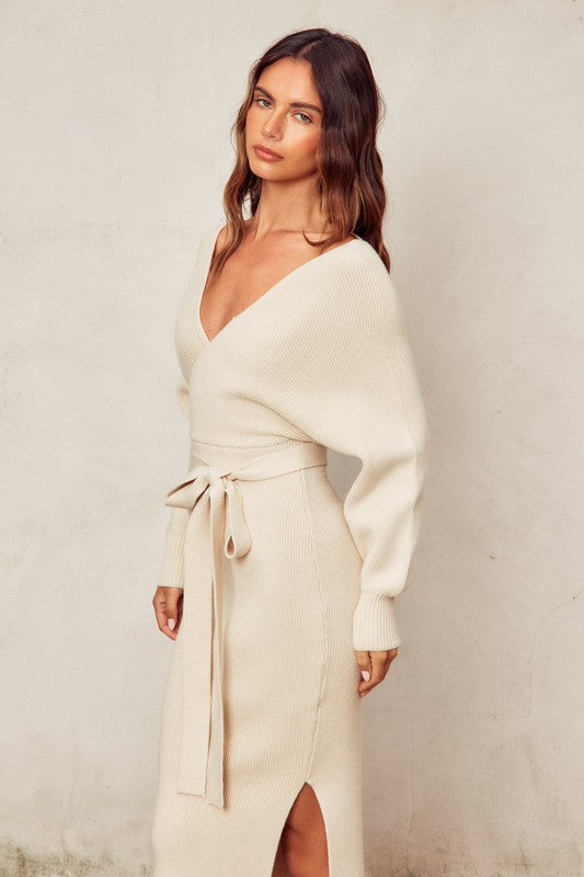 Brigitte Ribbed Long Sleeve Belted Sweater Midi Dress - Cream