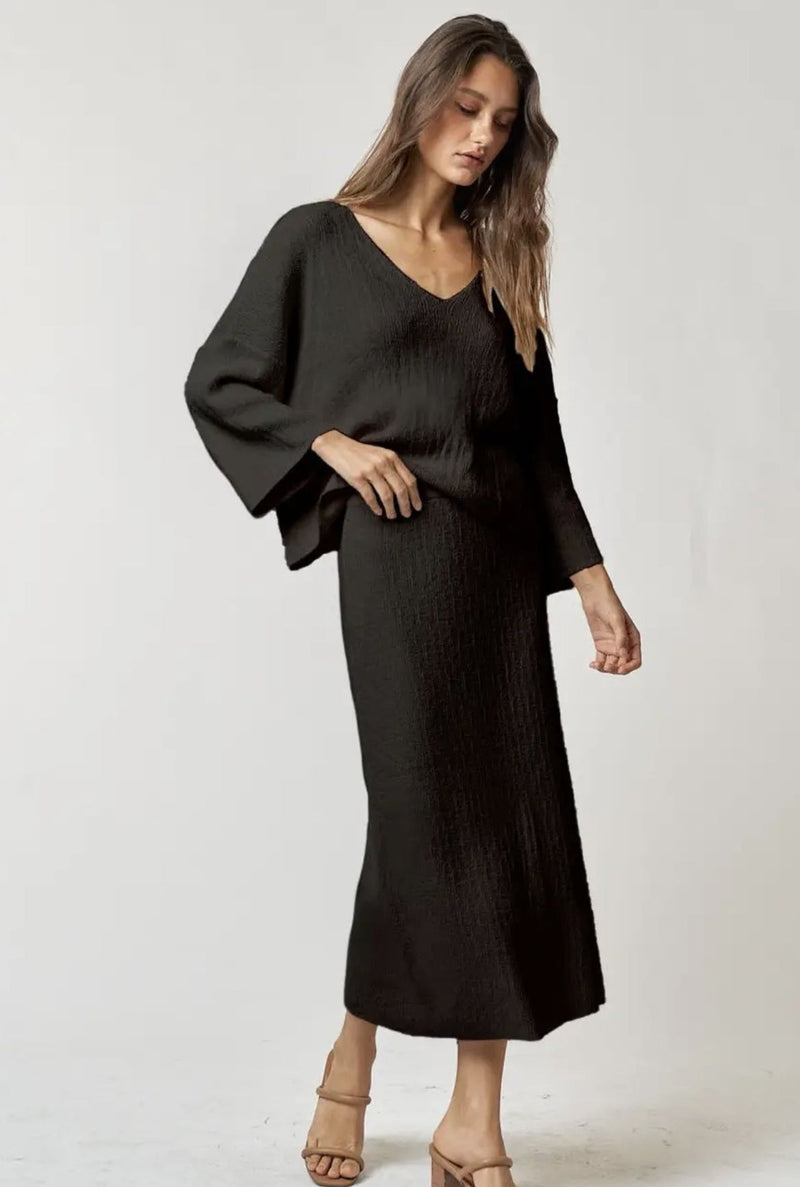 Amore Knit V-Neck Long Sleeve Top & Midi Skirt Set - Black