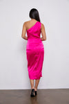 Raya Satin One Shoulder Cut Out Midi Dress - Hot Pink