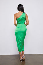 Raya Satin One Shoulder Cut Out Midi Dress - Green