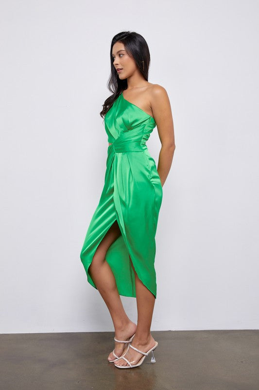 Raya Satin One Shoulder Cut Out Midi Dress - Green
