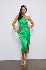 Raya Satin One Shoulder Cut Out Midi Dress - Green