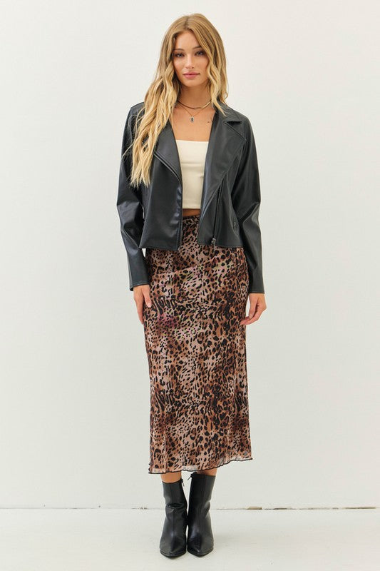 Lulee Stretch Lined Mesh Leopard Print Midi Skirt