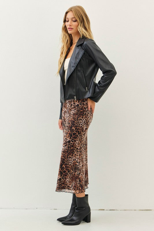 Lulee Stretch Lined Mesh Leopard Print Midi Skirt