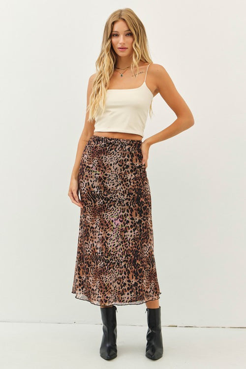 Lulee Stretch Lined Mesh Leopard Print Midi Skirt