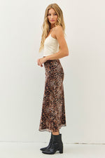 Lulee Stretch Lined Mesh Leopard Print Midi Skirt