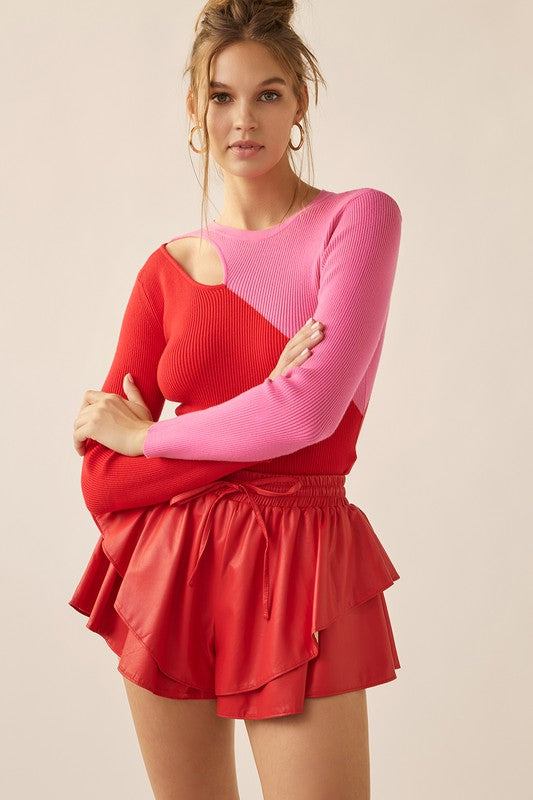 Ariel Color Block Asymmetrical Cut Out Sweater Top - Pink/Red