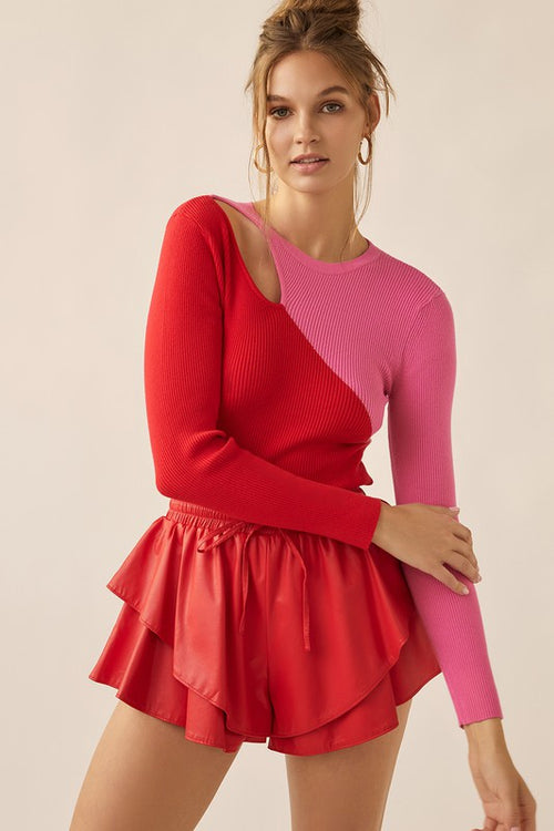 Ariel Color Block Asymmetrical Cut Out Sweater Top - Pink/Red