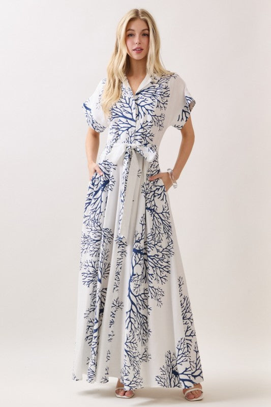 dorothy maxi dress Dorothy Coral Printed Belted Maxi Dress - White/Blue