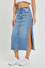 Kacia Stretch Denim Side Slit Midi Skirt - Blue