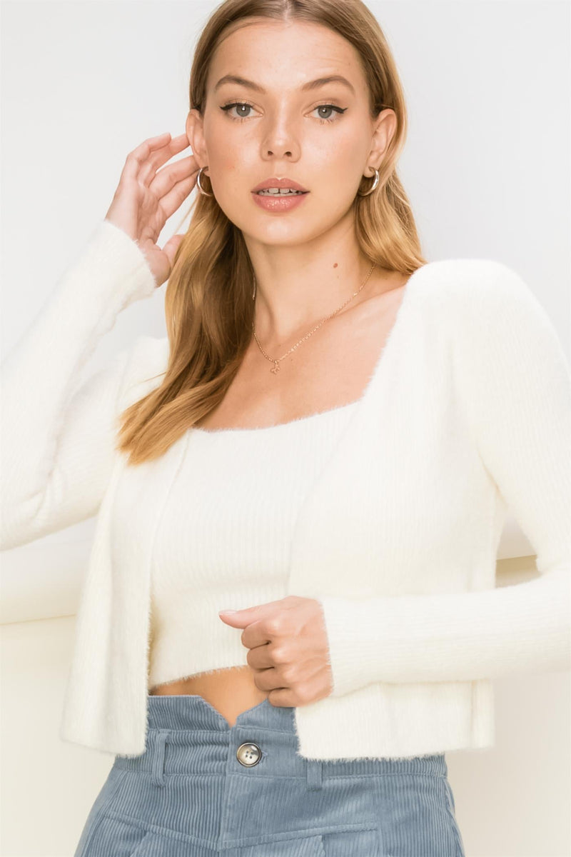 Vierra Fuzzy Sweater Crop Cami & Cardigan Top Set - Off White