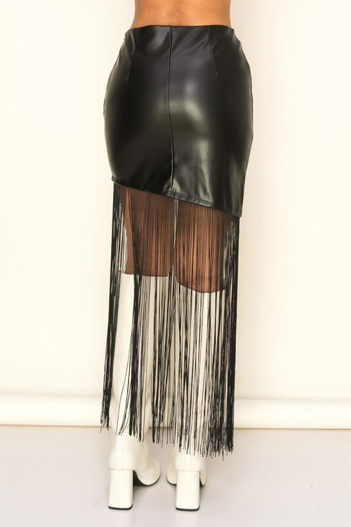 Ciara Fringe Faux Leather Midi Skirt - Black