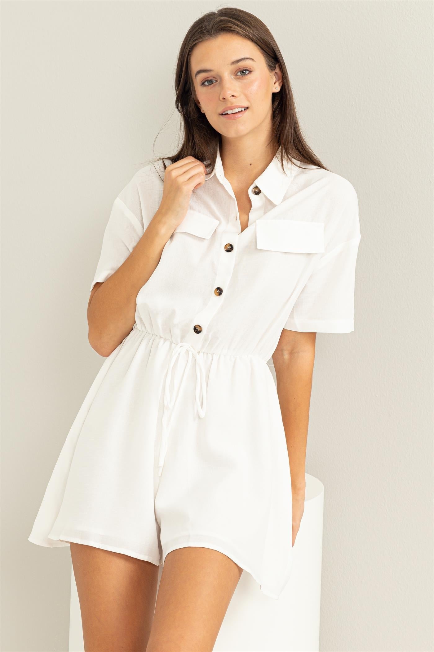 Riho　0723 Suzette Button Up Waist Tie Short Sleeve Romper - White