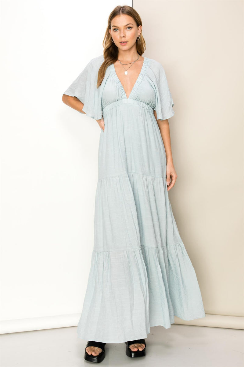 Rita Plunge Neckline Kimono Sleeve Maxi Dress - Light Blue