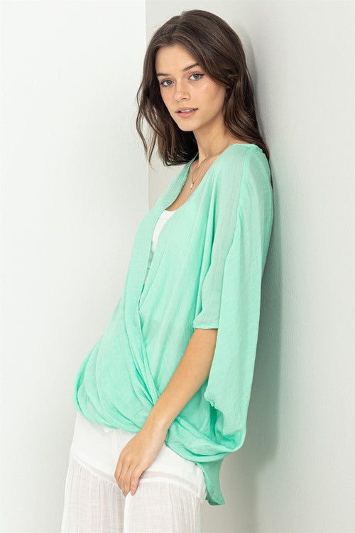 Ashlynn Short Sleeve Criss Cross Gauze Top - Sea Green