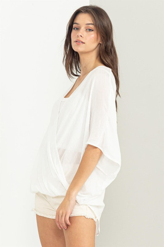 Ashlynn Short Sleeve Criss Cross Gauze Top - White