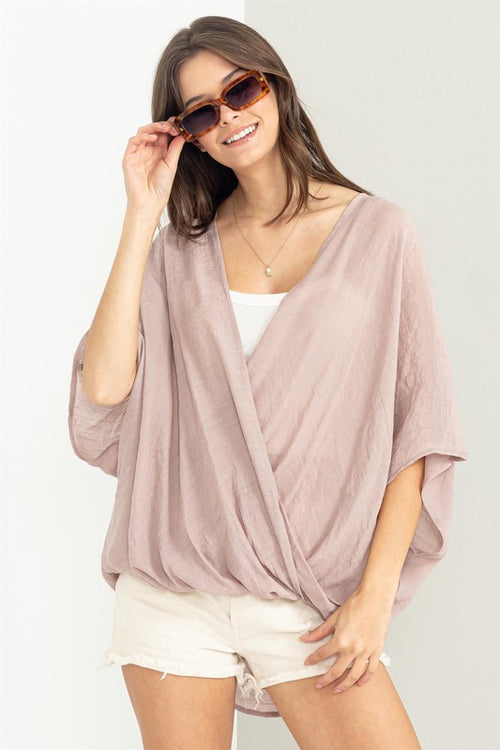 Ashlynn Short Sleeve Criss Cross Gauze Top - Mauve