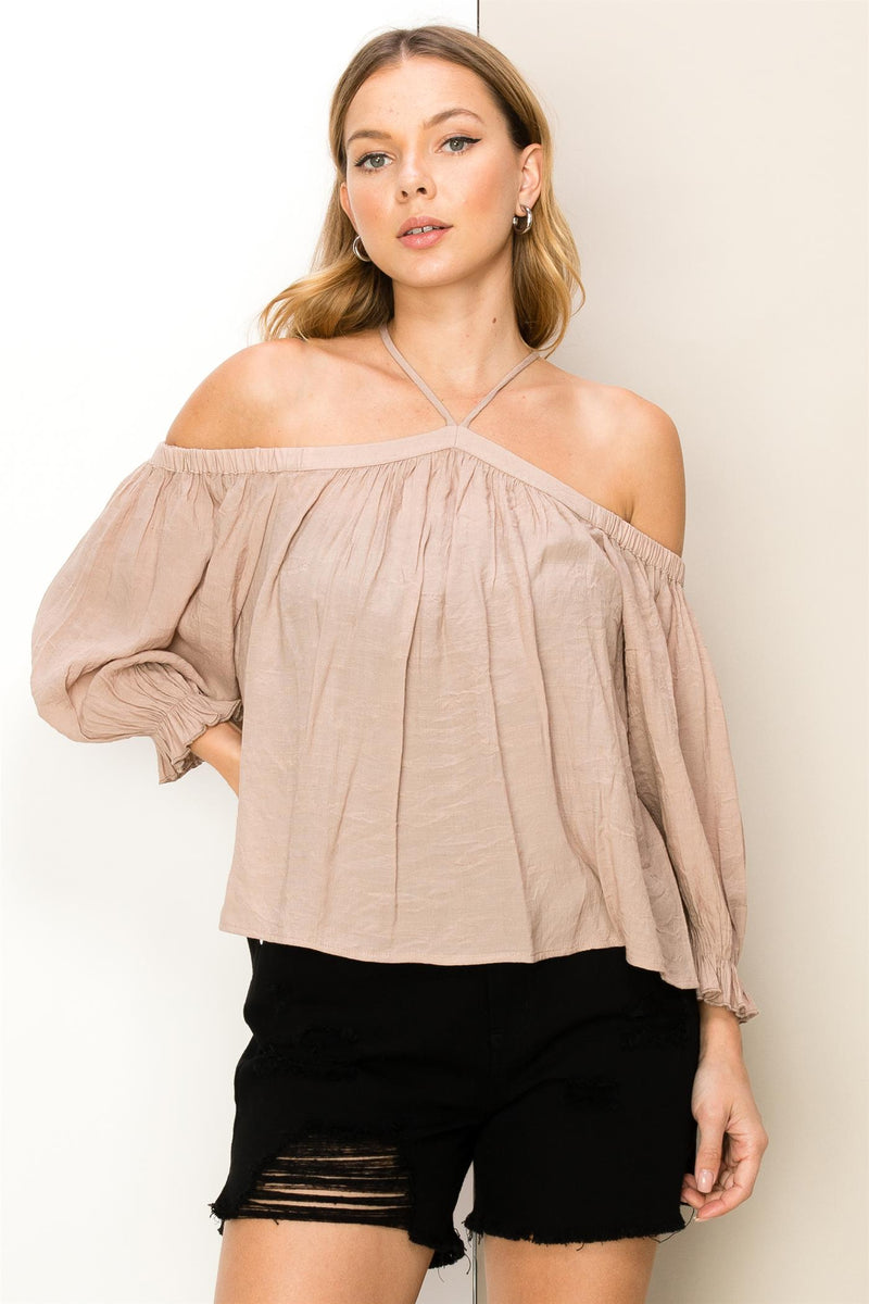 Gwen Gauze Halter Cold Shoulder Top -Taupe