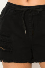 Della Distressed Drawstring Waist Shorts - Black