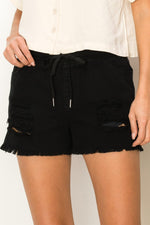 Della Distressed Drawstring Waist Shorts - Black