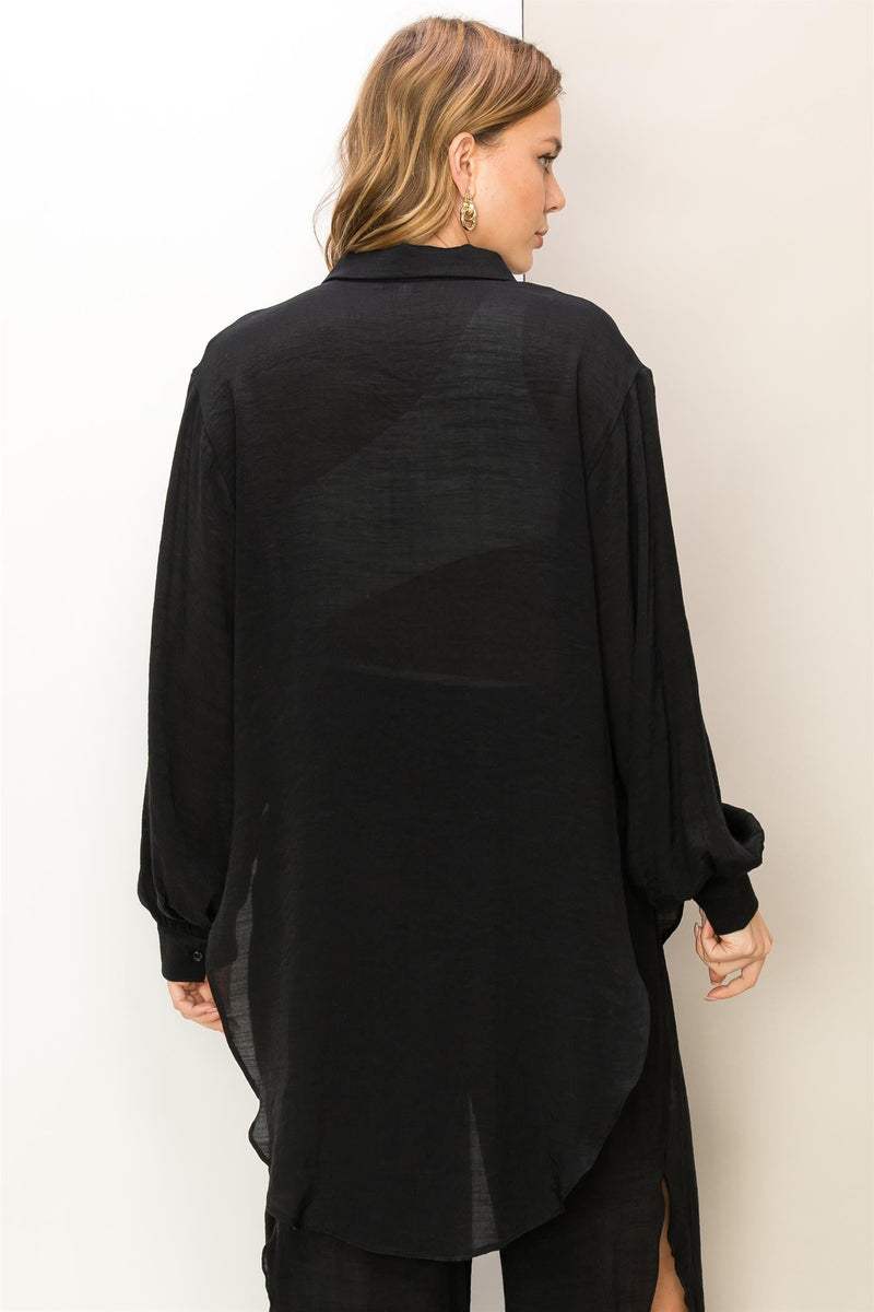 Ginny Gauze Button Down Long Sleeve Cover Up Top - Black