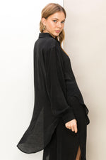 Ginny Gauze Button Down Long Sleeve Cover Up Top - Black